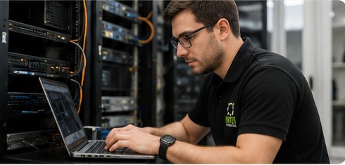Técnico ORTEG realizando soporte tecnológico para una empresa