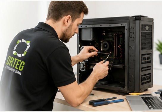 Técnico de ORTEG realizando mantención a un computador de escritorio